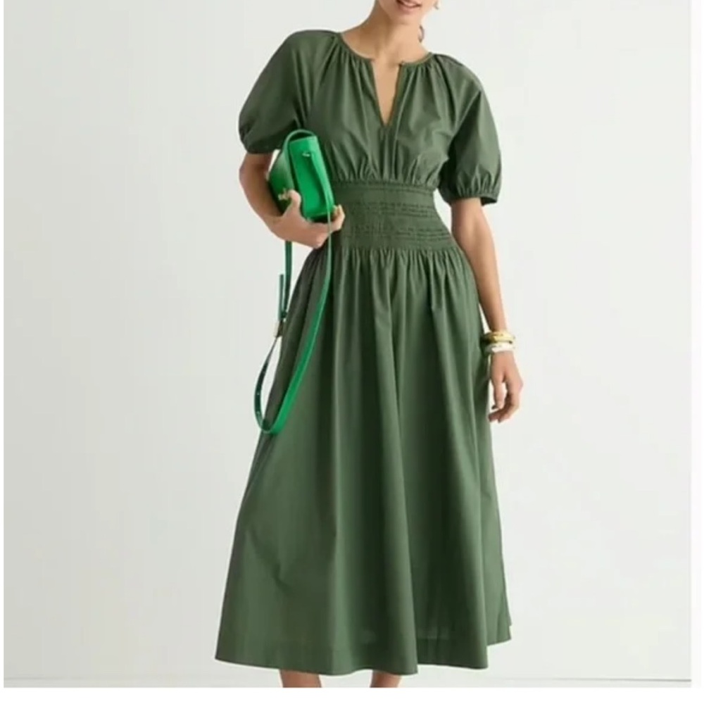 J. Crew Provence Smocked Waist Midi Dress Olive Army Green